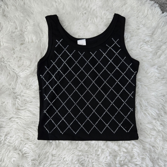 Black Diamond Pattern Tank Top. Black Rhinestone Embellished Fitted Tank Top. Si - Picture 1 of 6